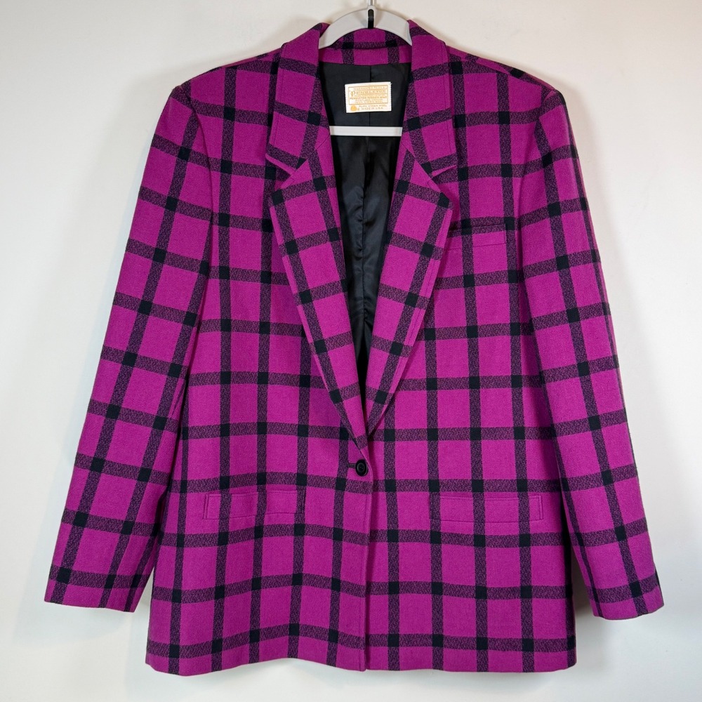Pendleton Blazer Womens 16 Magenta Plaid Virgin Wool Made in USA Office Bold 90s